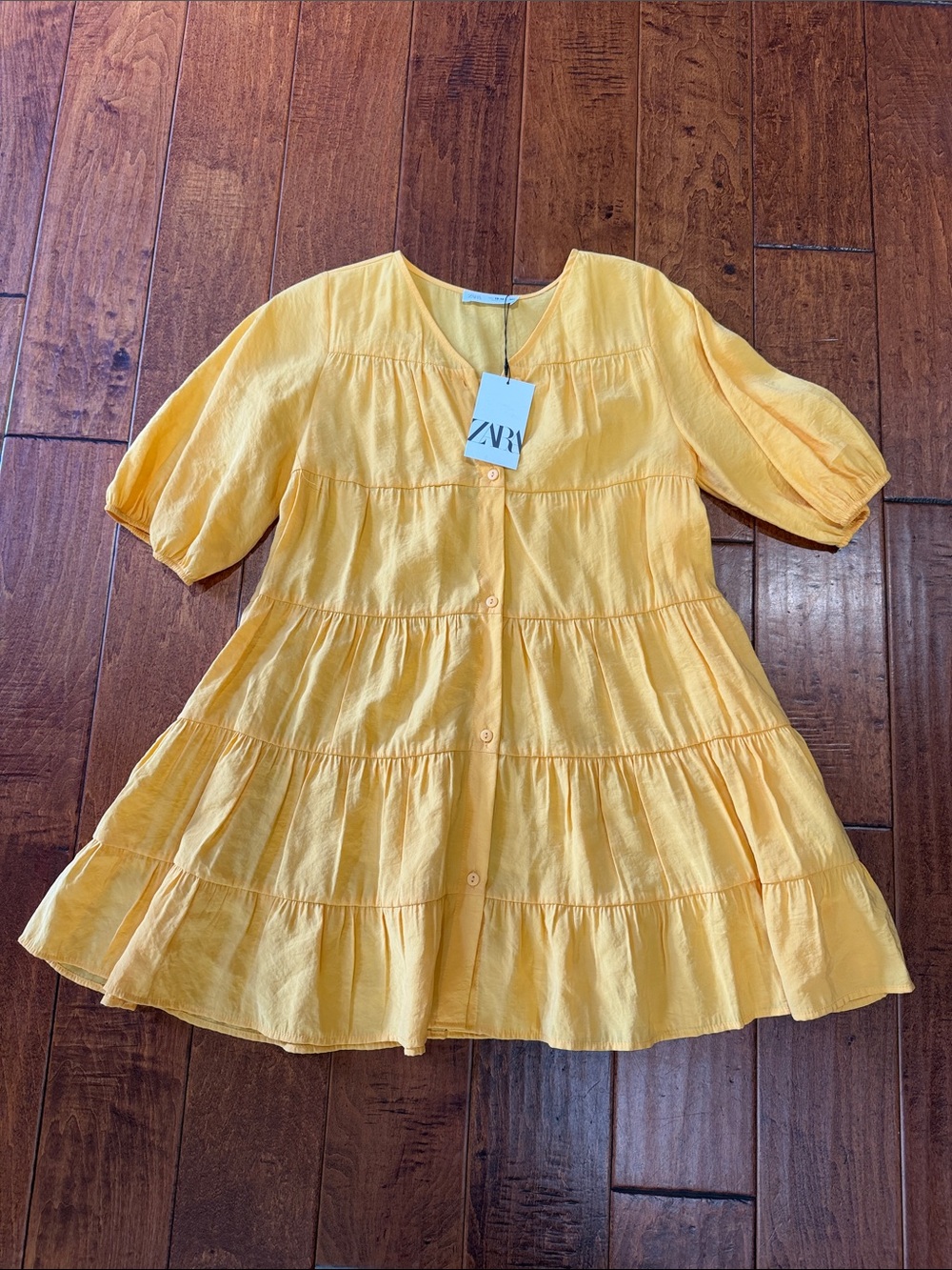 NWT Zara Kids Yellow Tiered Button-Front Dress with Puff Sleeves